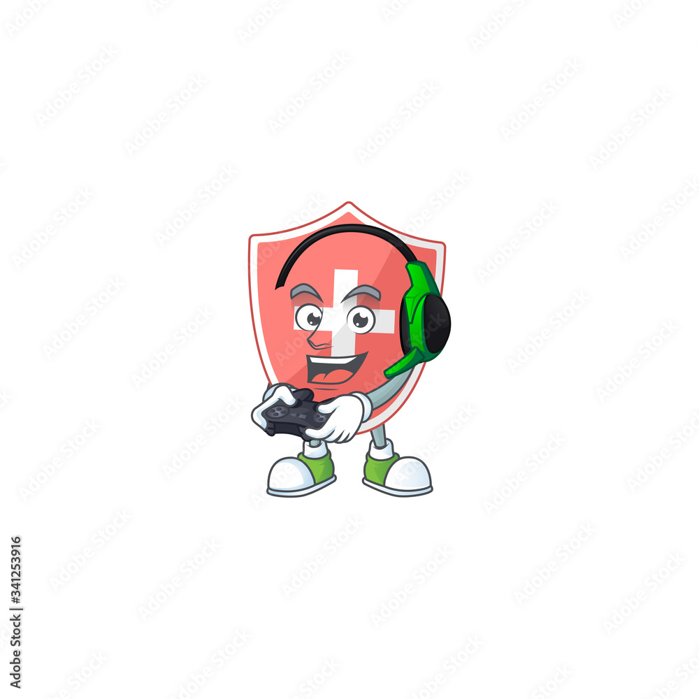 A cartoon design of medical shield talented gamer play with headphone and controller