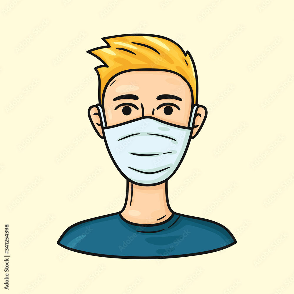 Blond man wearing medical masks to protect from COVID-19