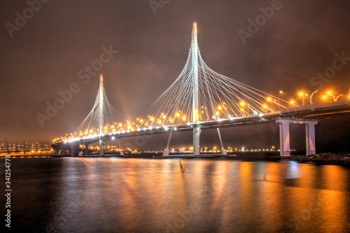 St. Petersburg, Russia - View of the night cable-stayed bridge in St. Petersburg. Illuminated night bridge