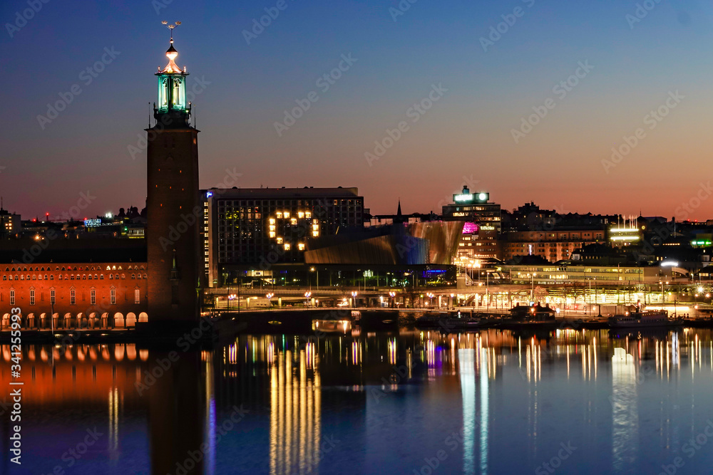 Stockholm, Sweden The City Hall in the early morning lit up with a heart.