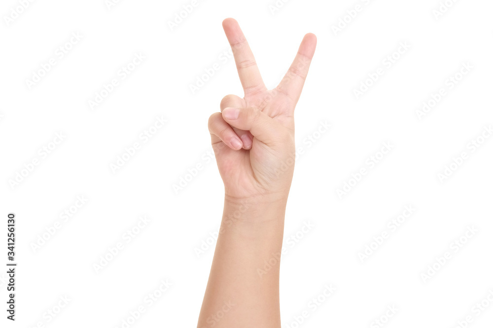 Boy's hand showing the sign of victory and peace close-up isolated on white background. Boy's hand showing the sign of victory and peace close-up isolated on white background.
