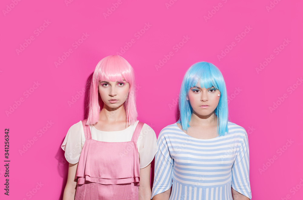 Two girls with pink and blue hair near pink background. Friendship relations between girls. Teenagers subculture concept. Lolita, lollipop look. Copy space Two girls with pink and blue hair near pink background. Friendship relations between girls. Teenagers subculture concept. Lolita, lollipop look. Copy space