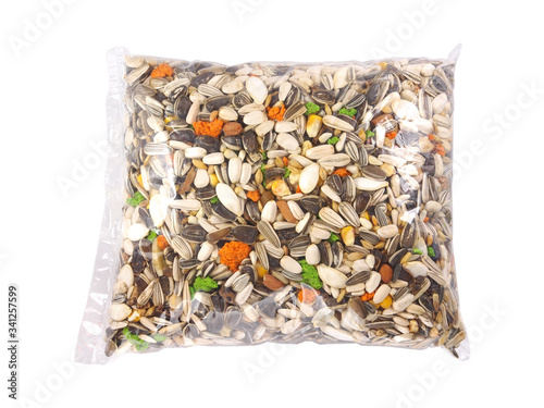 Packaged food for birds, mixture of seeds for large parrots photo