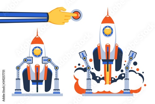 Preparing space rocket for launch and start spaceship. Startup rocketship take off by hand push button.