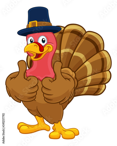 Pilgrim Turkey Thanksgiving bird animal cartoon character wearing a pilgrims hat and giving a thumbs up