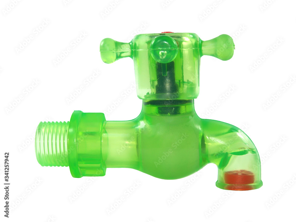 Green plastic water tap isolated on white background Green plastic water tap isolated on white background