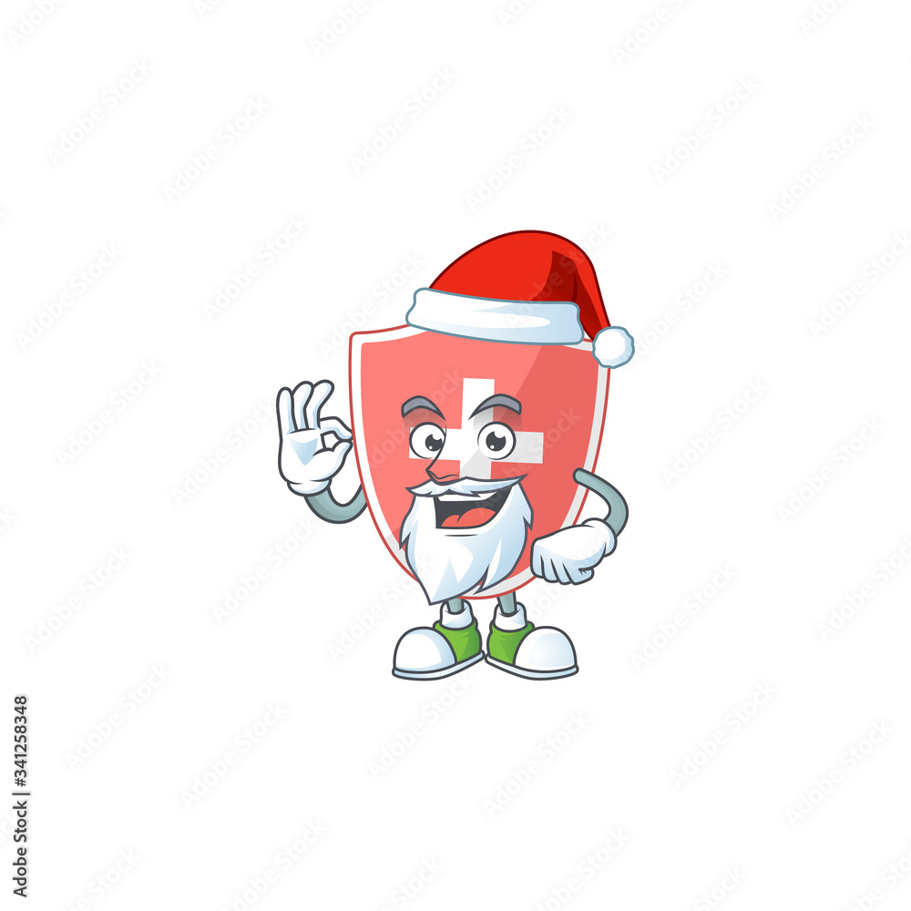 Friendly medical shield Santa cartoon character design with ok finger