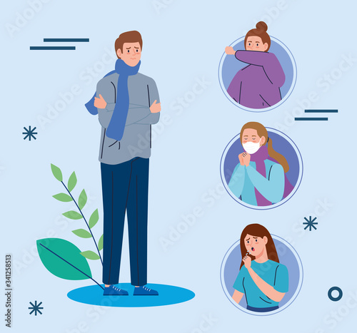 group of young people sick of coronavirus 2019 ncov vector illustration design