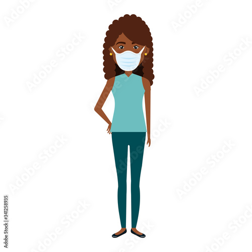 young woman afro with face mask isolated icon vector illustration design