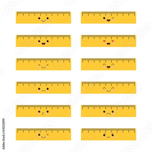 Set og cartoon cute school ruler with different emotion isolated on white background for educational, school or office design. Kawaii style
