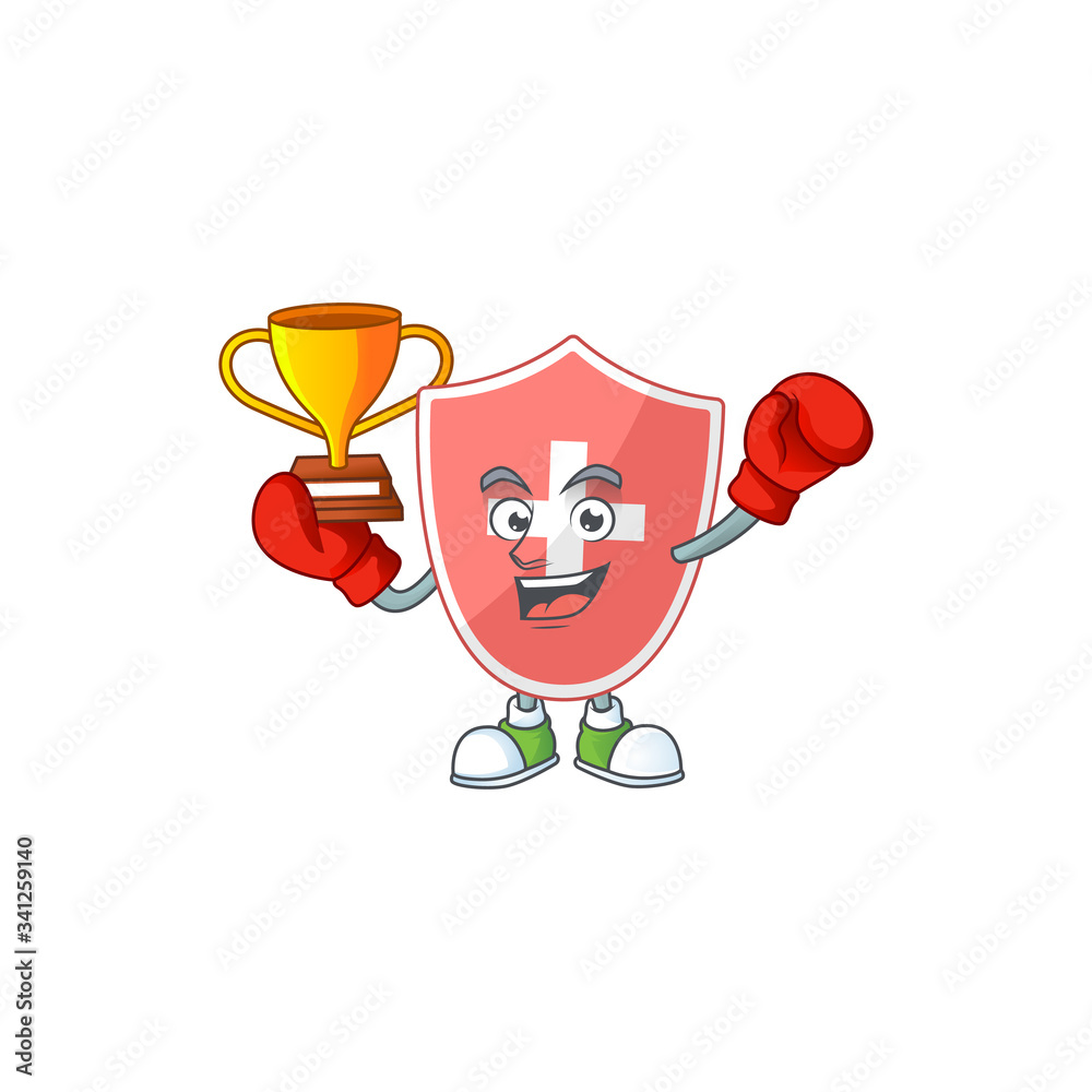 Fototapeta premium Proudly face of boxing winner medical shield presented in cartoon character design
