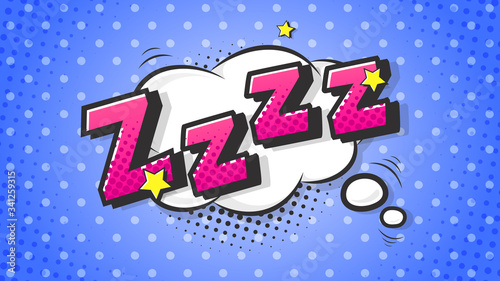 Lettering zzz, sleep. Halftone expression text on a Comic cloud bubble. Vector illustration of a bright and dynamic cartoonish img in retro pop art style isolated on colorful blue background