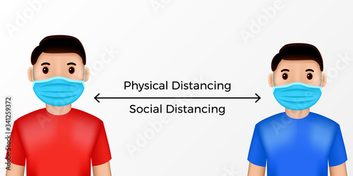 male cartoon illustration use face mask and make distance with other. Social and physical distancing concept for coronavirus global pandemic virus.