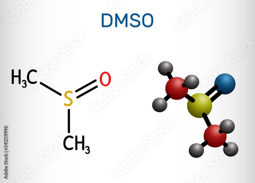 Dimethyl sulfoxide, DMSO, C2H6OS molecule. It is an organosulfur compound, polar aprotic solvent. Structural chemical formula and molecule model photo