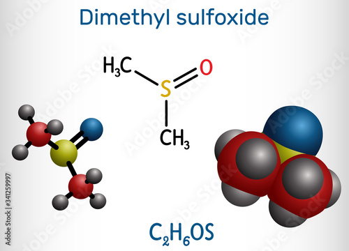 Dimethyl sulfoxide, DMSO, C2H6OS molecule. It is an organosulfur compound, polar aprotic solvent. Structural chemical formula and molecule model