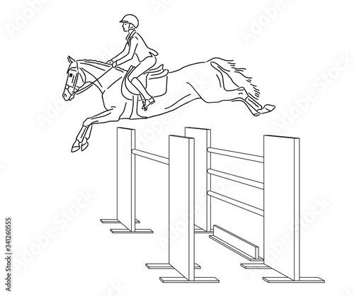 Young athlete on riding pony skipping obstacle