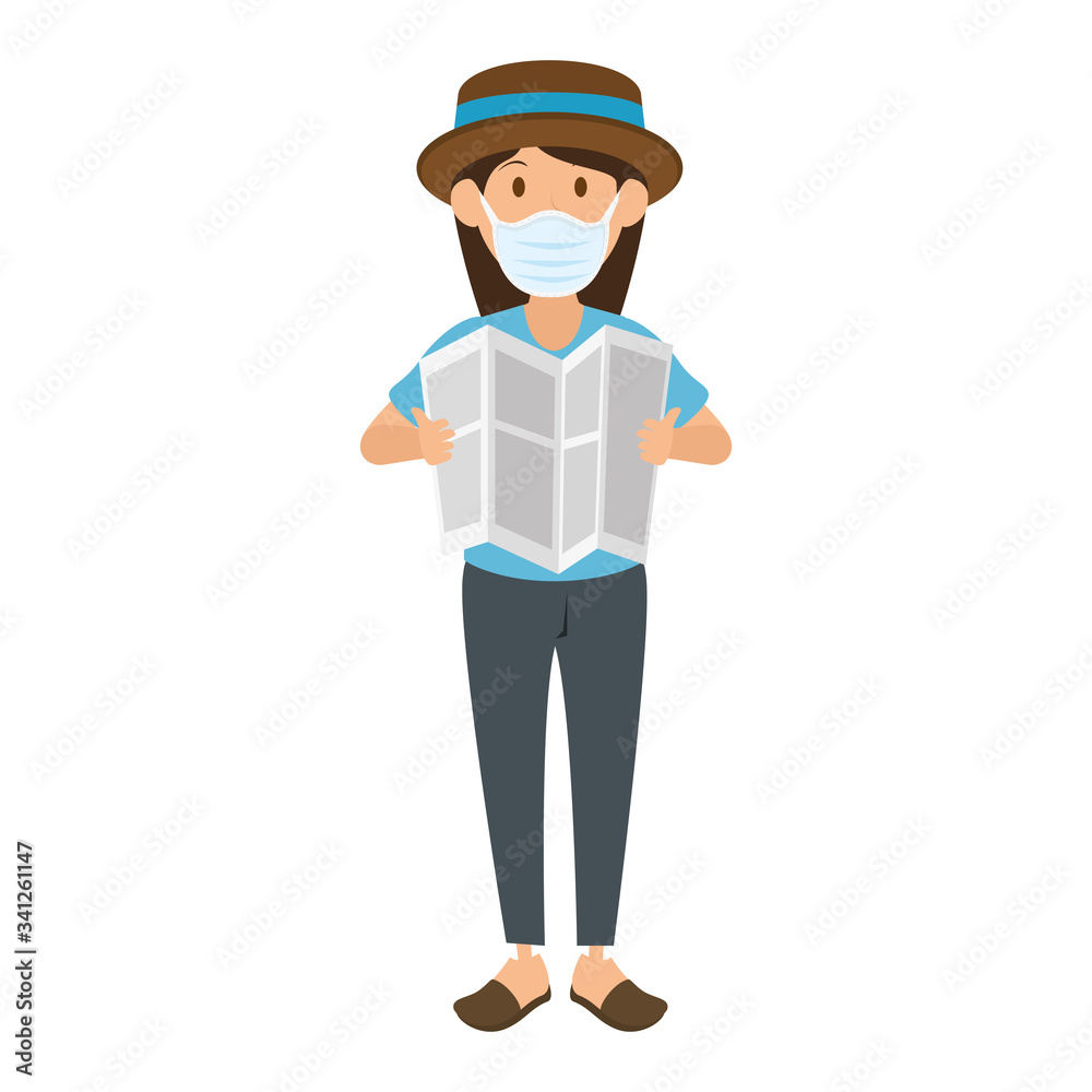 woman using face mask with hat and paper vector illustration design