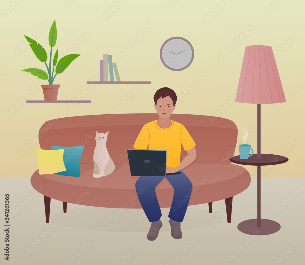 Fototapeta premium Boy works at a laptop sitting at home on the sofa.A cat sits next to the boy. Cartoon colorful vector illustration in flat style.