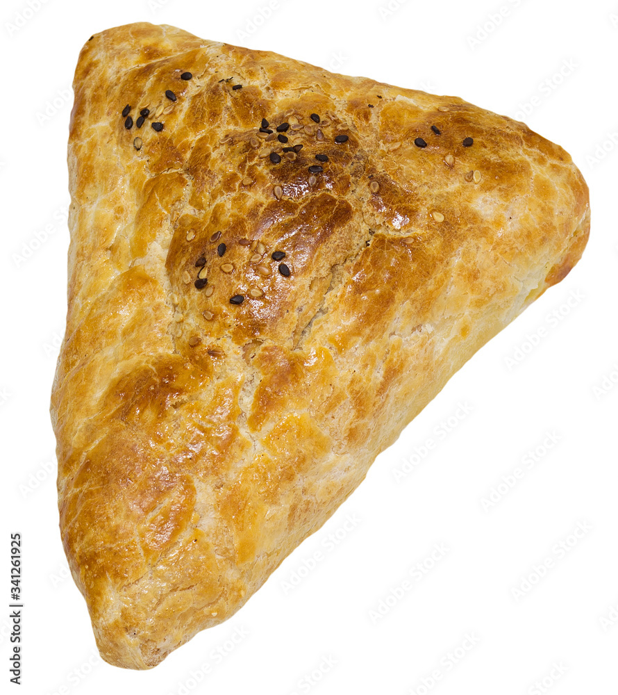 Triangular-shaped samsa from tandoor with meat filling isolated on a white background Triangular-shaped samsa from tandoor with meat filling isolated on a white background