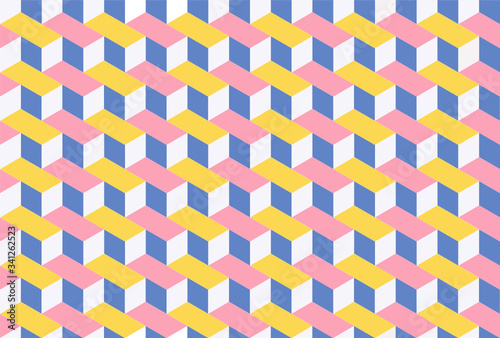 Seamless pattern with 3d color effect. Optical illusion effect. Parallelogram element in pink,yellow and blue color, for fabric,T-shirt,textile,wrapping cloth,silk scarf,bandana,swimwear.