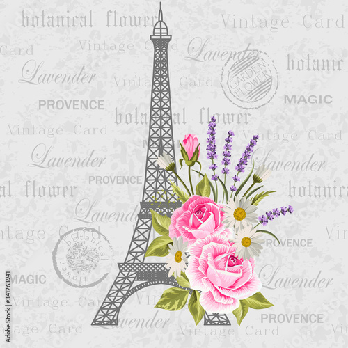 Vintage postcard with Eiffel Tower and flowers.