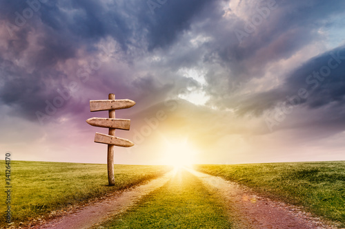 Two Ways Path on Field with Old Weathered Wood Signpost on Sunrise Sky Background