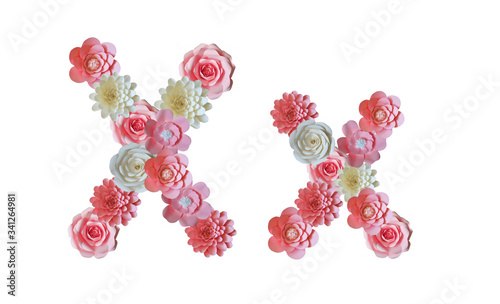 Alphabet of paper flowers. Letters on a white background. Pink and white flowers.