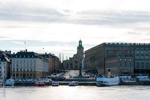 STOCKHOLM, SWEDEN; March 20 2019: The royal palace of Sweden. View from the brig Skeppsholmsbron.
