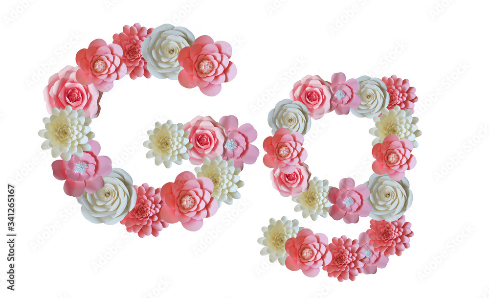 Alphabet of paper flowers. Letters on a white background. Pink and white flowers. Alphabet of paper flowers. Letters on a white background. Pink and white flowers.