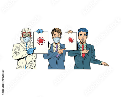 businessmen and man with biosafety suit lifting covid19 label