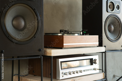 HiFi system with turntable, amplifier and speakers in a studio