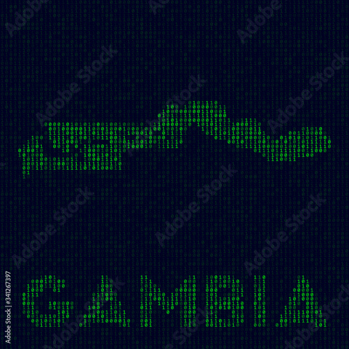 Digital Gambia logo. Country symbol in hacker style. Binary code map of Gambia with country name. Amazing vector illustration.