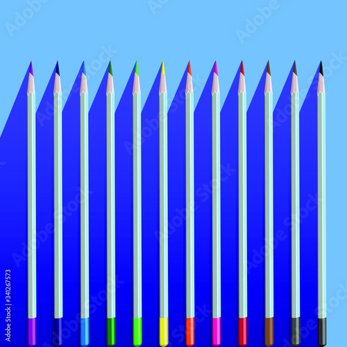 Illustration of a set of twelve primary colors of watercolor pencils. Watercolor pencils for drawing, art set for children.