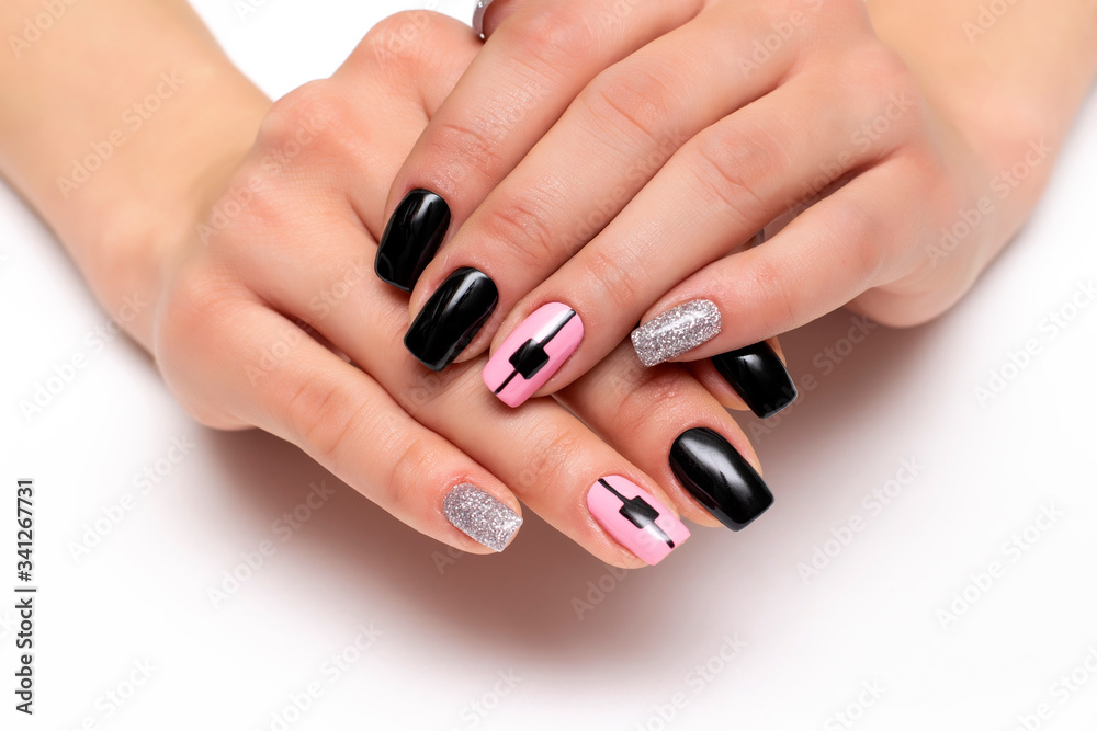 Buy Secret Lives long designer artificial nails extension light pink & black  combo with silver pearls 3D bow fake nails design 24 pieces set with  manicure kit convenient than manicure Online at