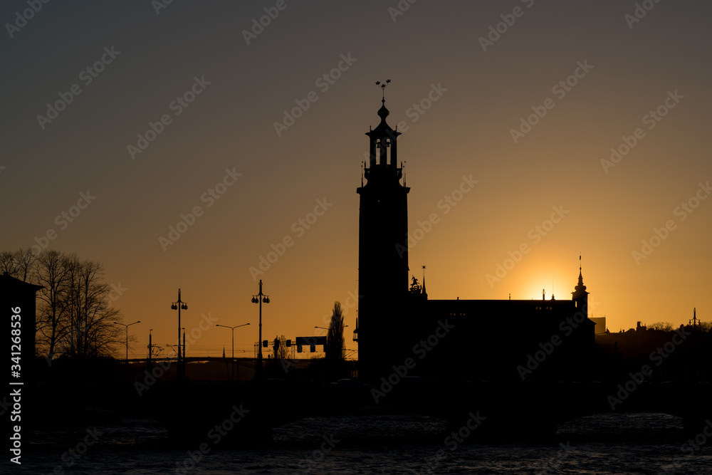 STOCKHOLM, SWEDEN; March 22 2019: Sunset in the city hall of Stockholm.