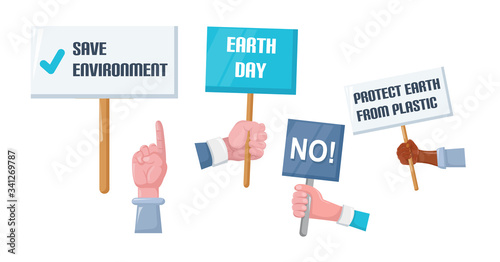 Save environment in earth day placard. Protests people with programs posters: protect earth from plastic, environmental pollution, conservation of rare animals, healthy lifestyles vector