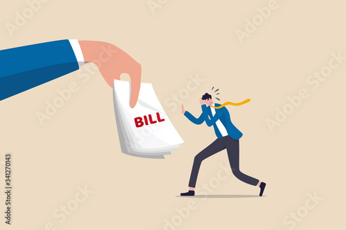 Debt crisis, broke or financial problem from Coronavirus COVID-19 pandemic economic recession concept, depressed frustrated jobless business man worried for loan, mortgage and financial bills.
