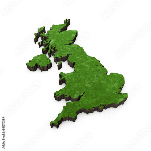 Map of United Kingdom, Europe with grass and soil. 3D rendering