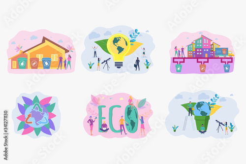 Set of 6 environmental protection illustration. Save the planet. Ocean pollution, global warming, forest fires, floods, deforestation, carbon monoxide air pollution. Ecology.