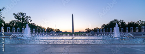 World War Two Memorial. Large angle view of architecture to this famous and landmark monument with George Washington Memorial in background. 