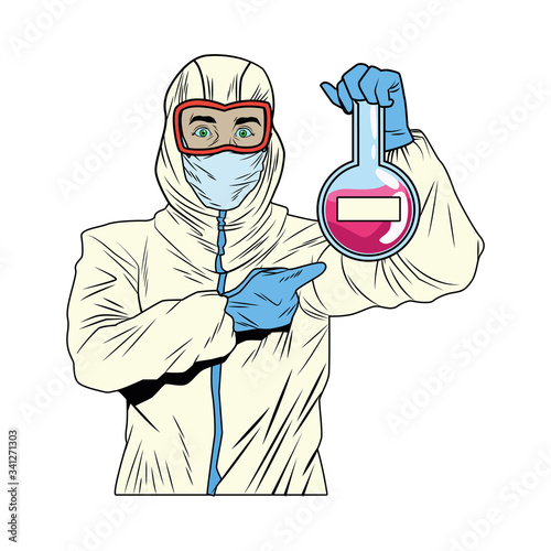 worker with biosafety suit lifting tube test