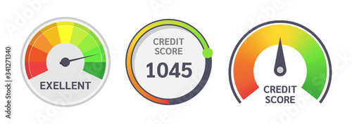 Credit score indicators. Limit indicators with color levels from poor to good. Gauges with measuring scale. Business credit score speedometers, rating credit meter, emotions vector