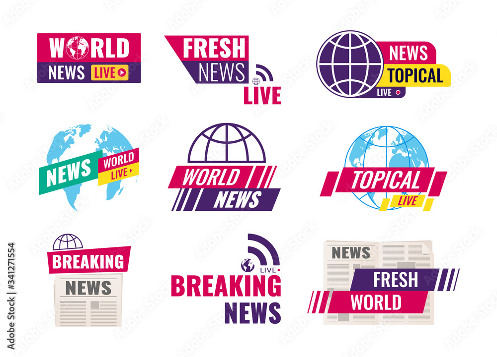 TV title news bar logos. Set of journalism conceptual logo, emblems, icons, labels. World breaking topical fresh news, television, radio channels. Television channel broadcasting service vector