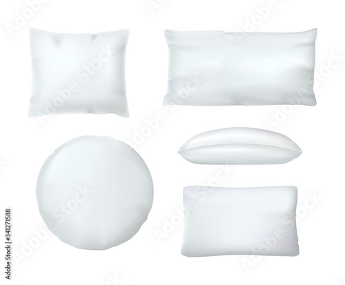 Realistic white cushion pillows. White orthopedic pillows different shapes and sizes. Mockup of square comfort soft black bed cushions for sleep and rest in bedroom vector