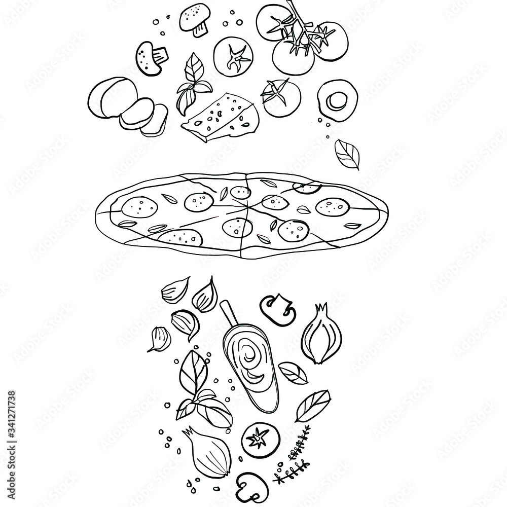 Vector Pizza slice drawing. Hand drawn pizza illustration on isolated white background.