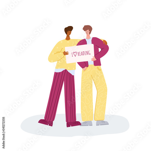 Young guys with banner i love books, people loves reading, hobby of literature fan concept, student read and study, flat cartoon textured characters isolated on white - vector illustration