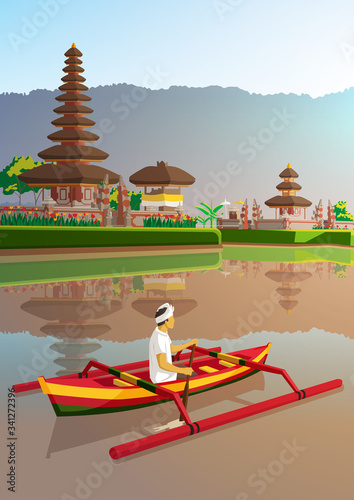 Ulun danu temple with balinese man ride traditional boat at bali Indonesia poster