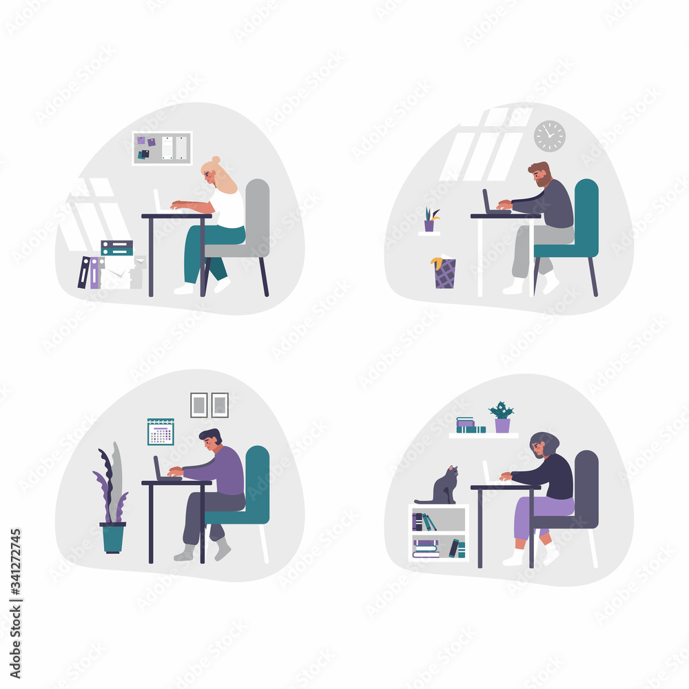 Freelance and business men and women working from home - home office concept illustration. Men and women are tired, bored and fall asleep at desk with laptop. Freelance and business men and women working from home - home office concept illustration. Men and women are tired, bored and fall asleep at desk with laptop.