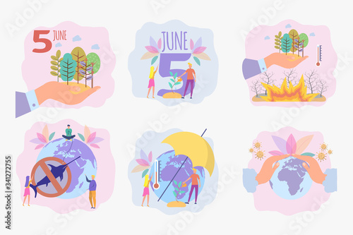 Set of 6 environmental protection illustration. Save the planet. Ocean pollution, global warming, forest fires, floods, deforestation, carbon monoxide air pollution. Ecology.