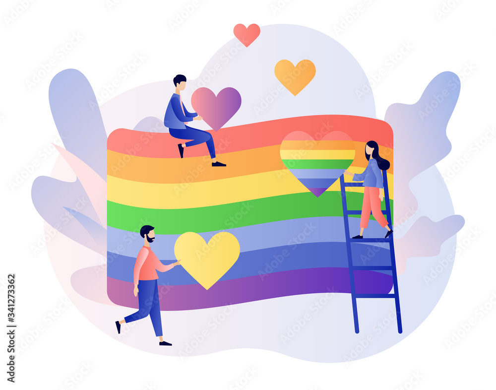 LGBT movement concept. Tiny people with Rainbow coloured flag and hearts. Love is love. Love parade. Modern flat cartoon style. Vector illustration on white background